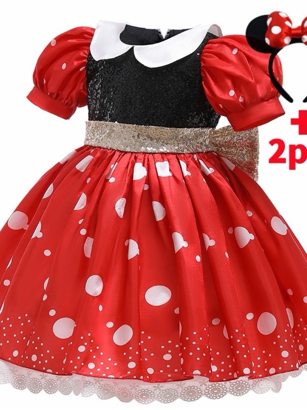 Minnie Mouse Toddler Girl Halloween Costume Dress with Gold Sequin Waistband